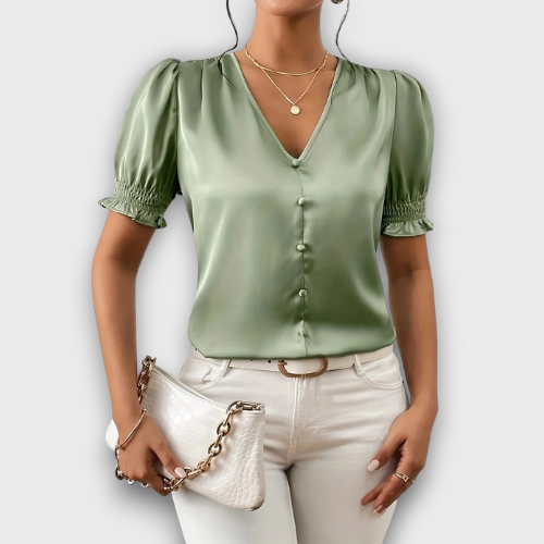 Blouse en satin à col en v manches courtes élégante (femme)