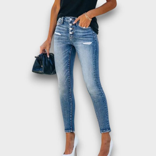 Jean skinny taille haute à boutons (femme)