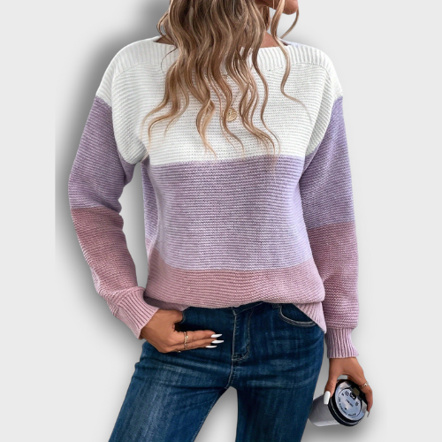 Pull tricoté à rayures et col rond (femme)