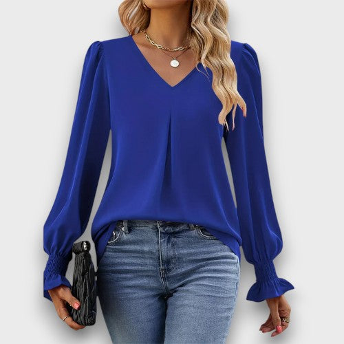 Blouse en satin col en v élégante à manches longues (femme)