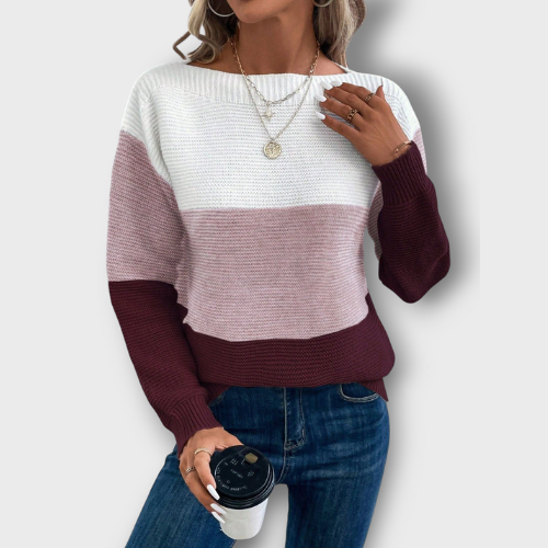 Pull tricoté à rayures et col rond (femme)