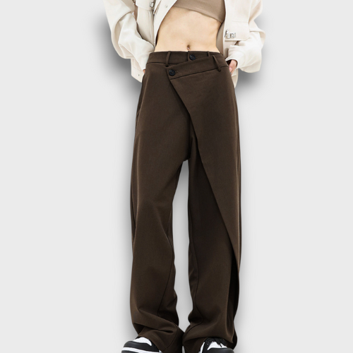 Pantalon taille haute à coupe large avec ceinture asymétrique (femme)