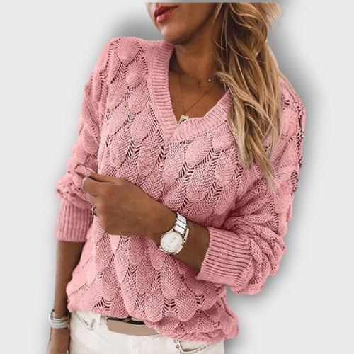 Pull en maille torsadée à col en V (femme)
