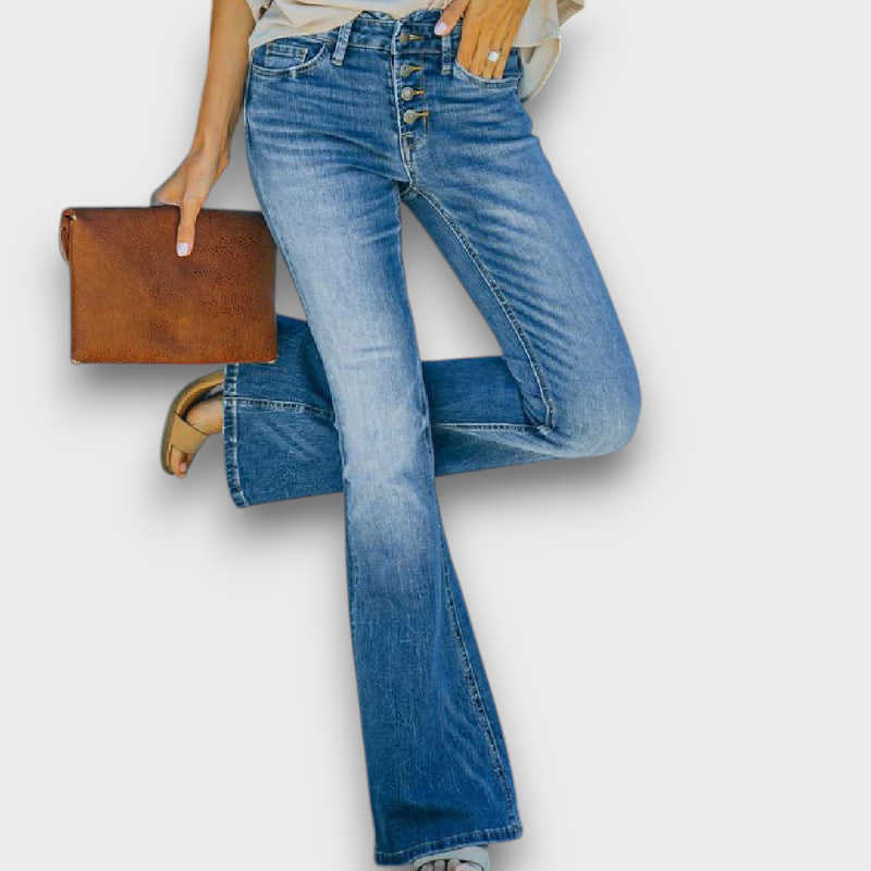 Jean à taille haute à boutons et coupe évasée (femme)