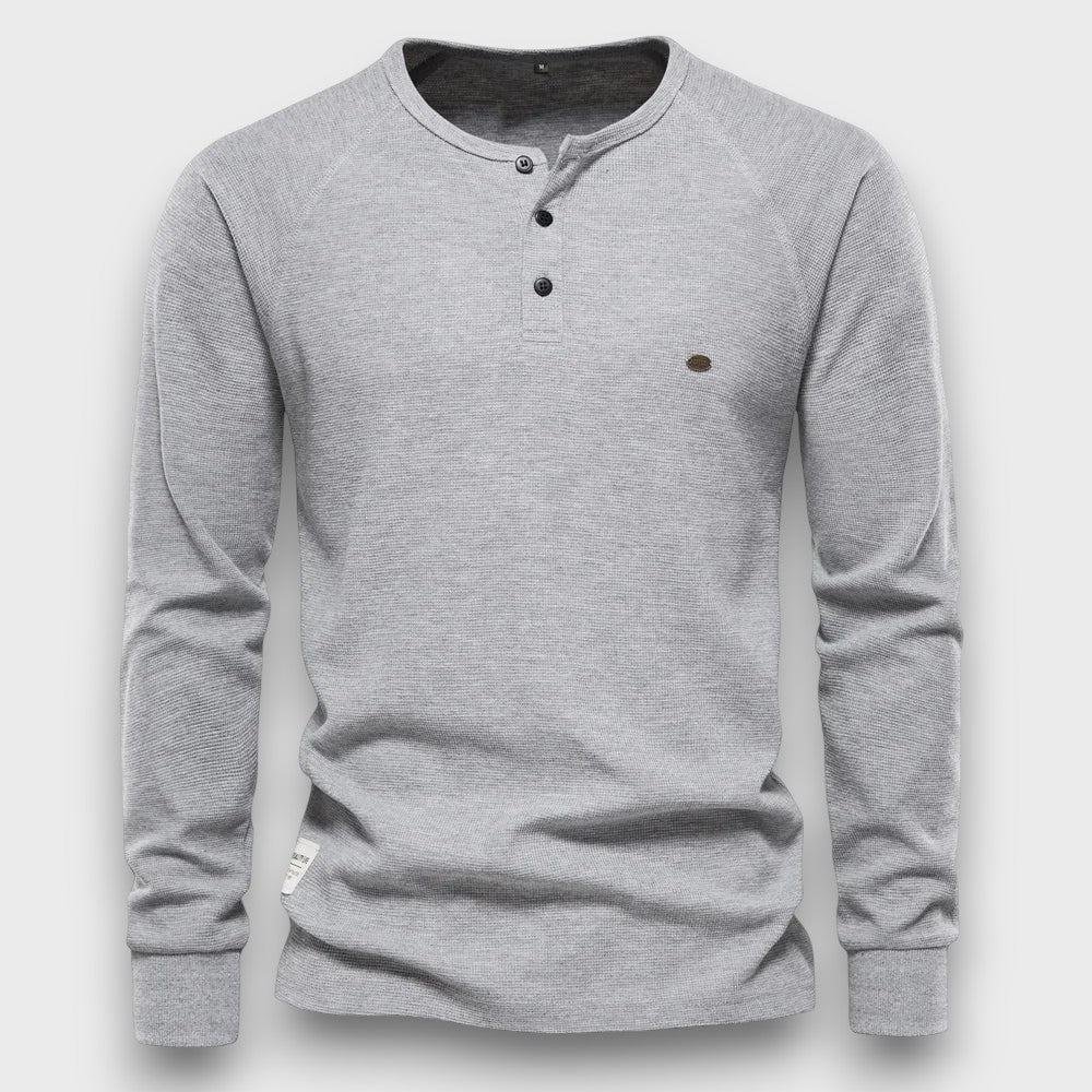 T-shirt à manches longues en coton avec patte de boutonnage décontracté (homme)