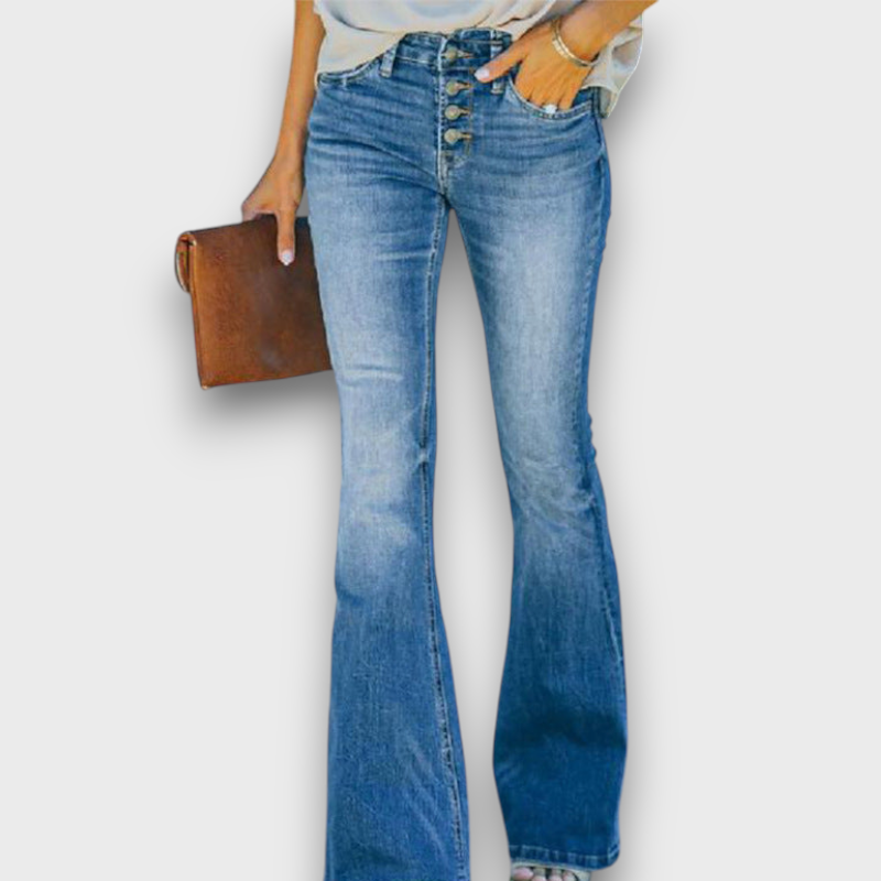 Jean à taille haute à boutons et coupe évasée (femme)