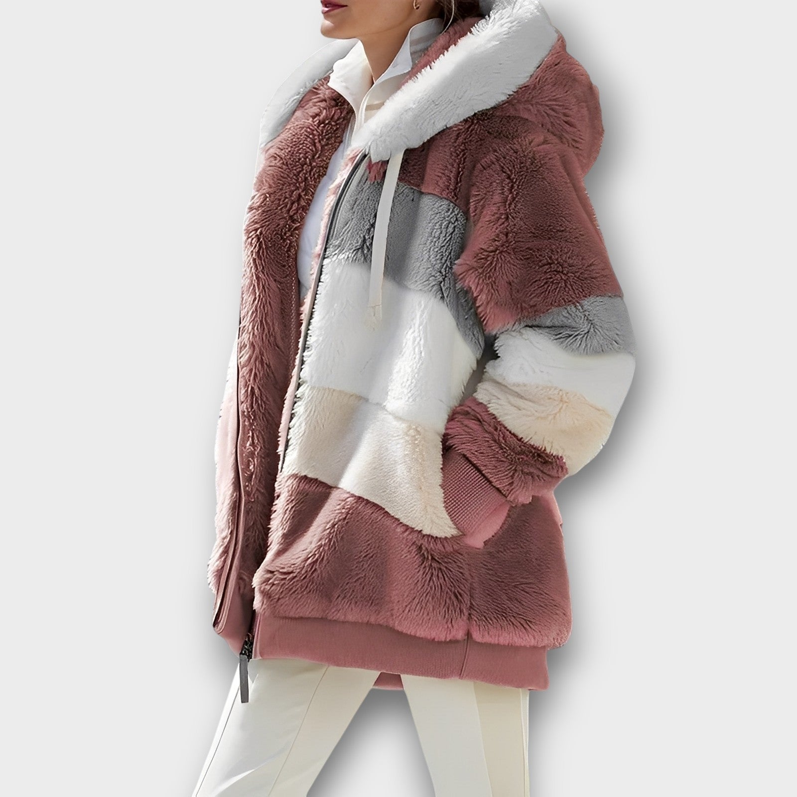 Veste d’hiver douce à blocs de couleur avec capuche (femme)