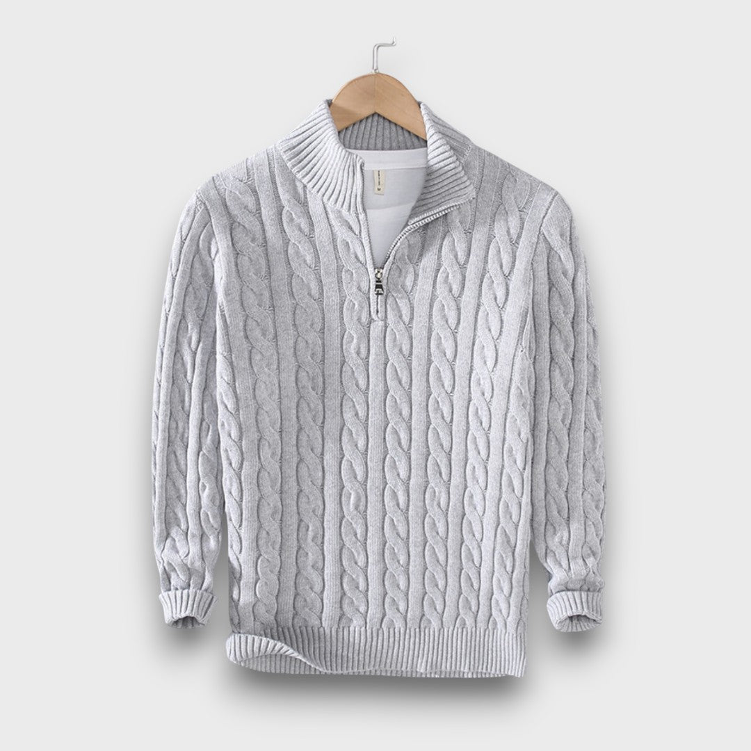 Pull homme en tricot torsadé avec fermeture éclair