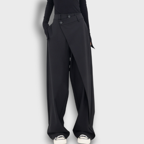 Pantalon taille haute à coupe large avec ceinture asymétrique (femme)