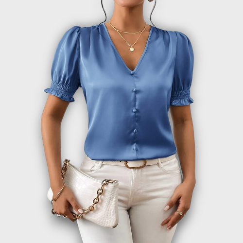 Blouse en satin à col en v manches courtes élégante (femme)