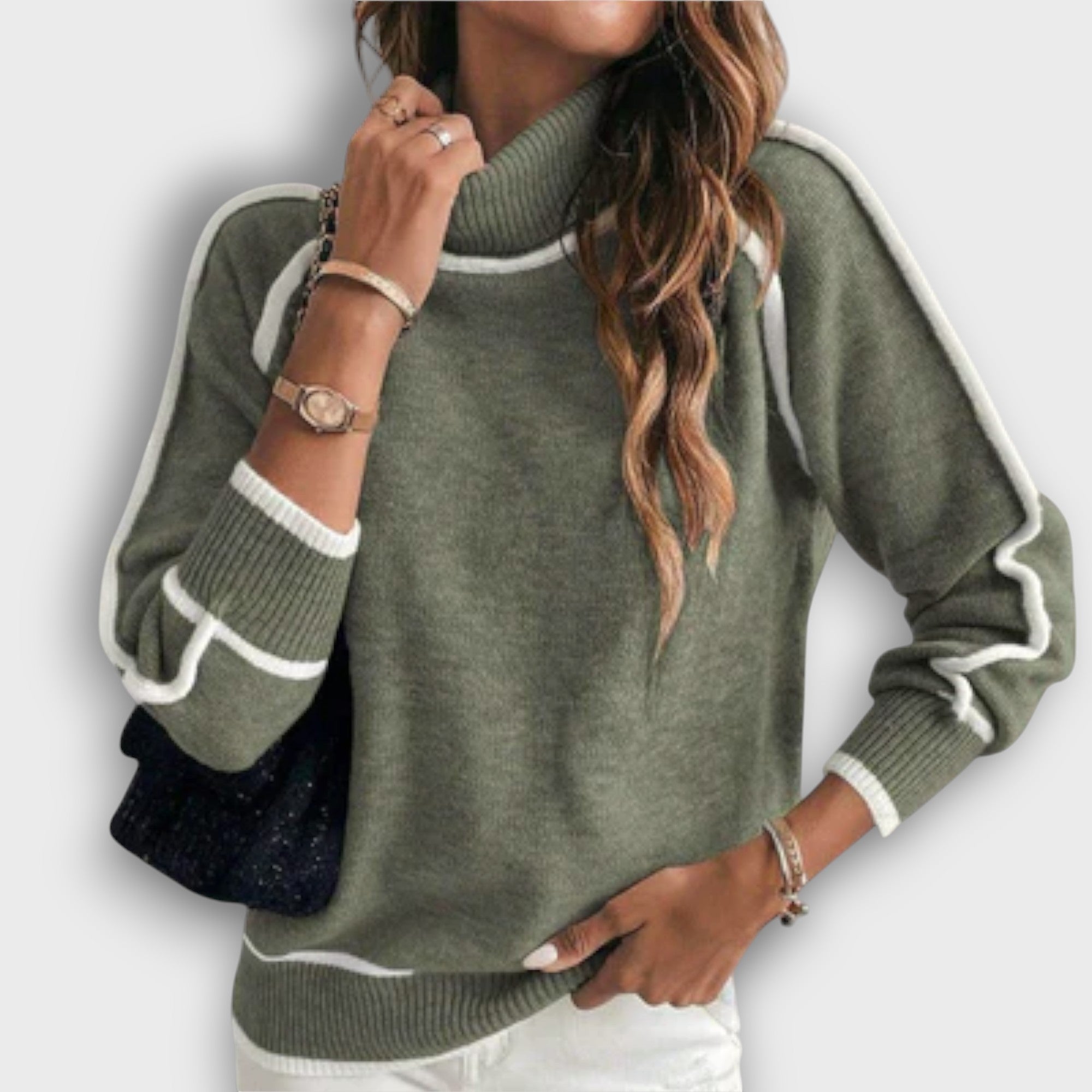 Pull femme à col roulé avec bandes contrastantes