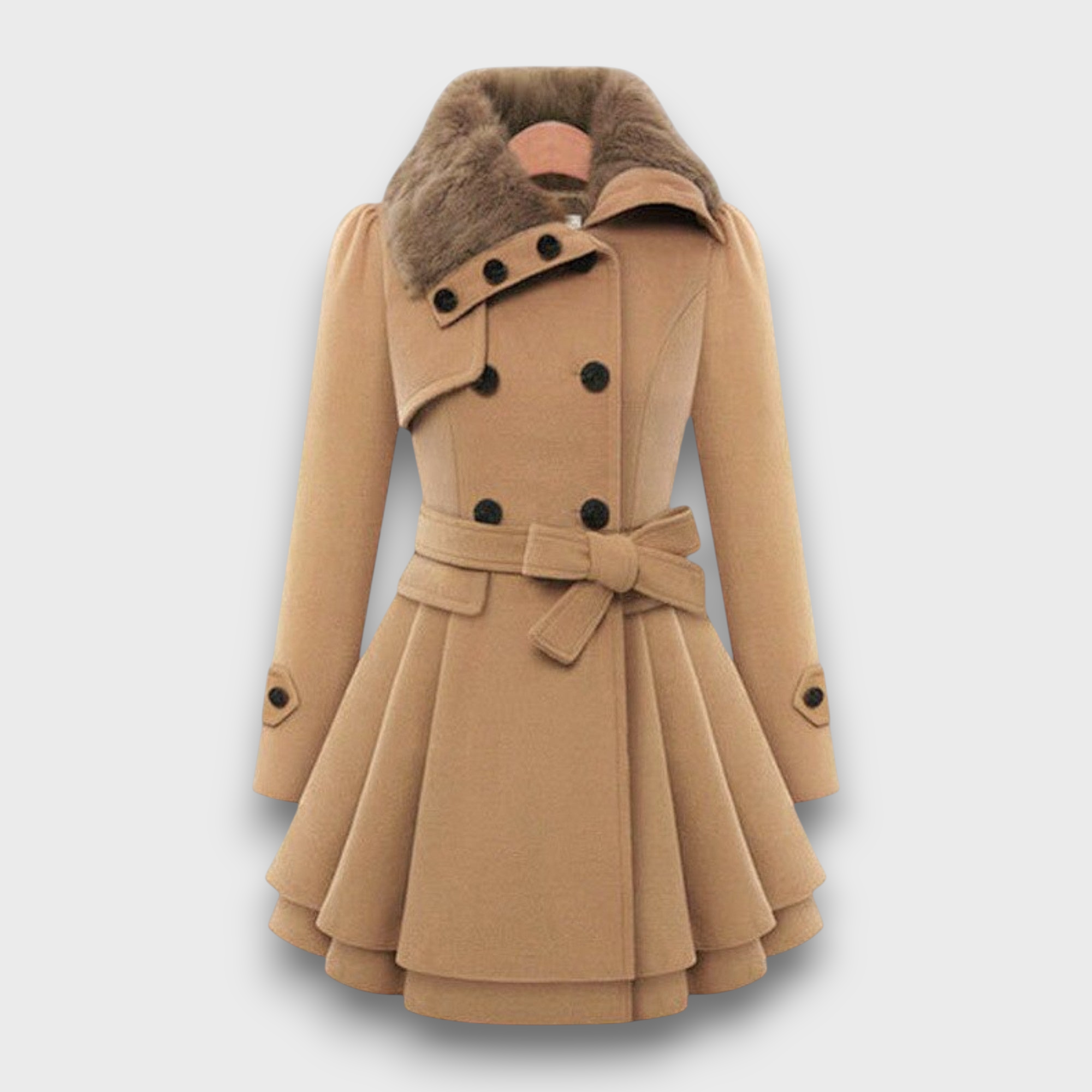 Manteau femme avec col en fourrure et ceinture nœud