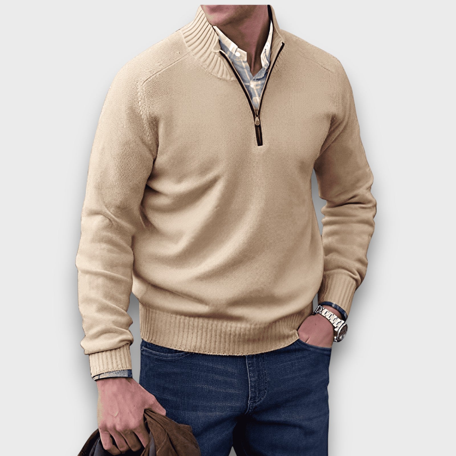 Pull en maille à col montant zippé (homme)