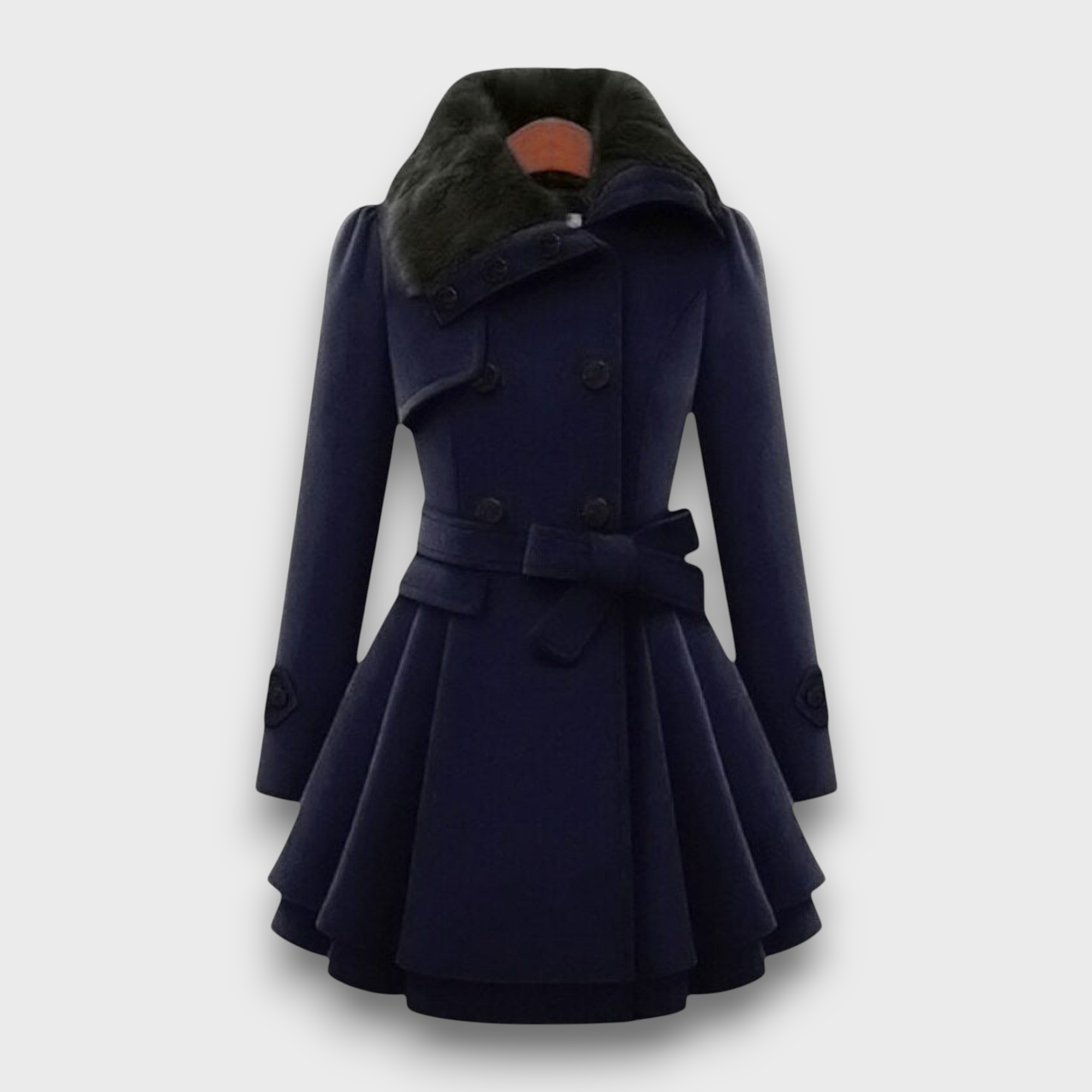 Manteau femme avec col en fourrure et ceinture nœud