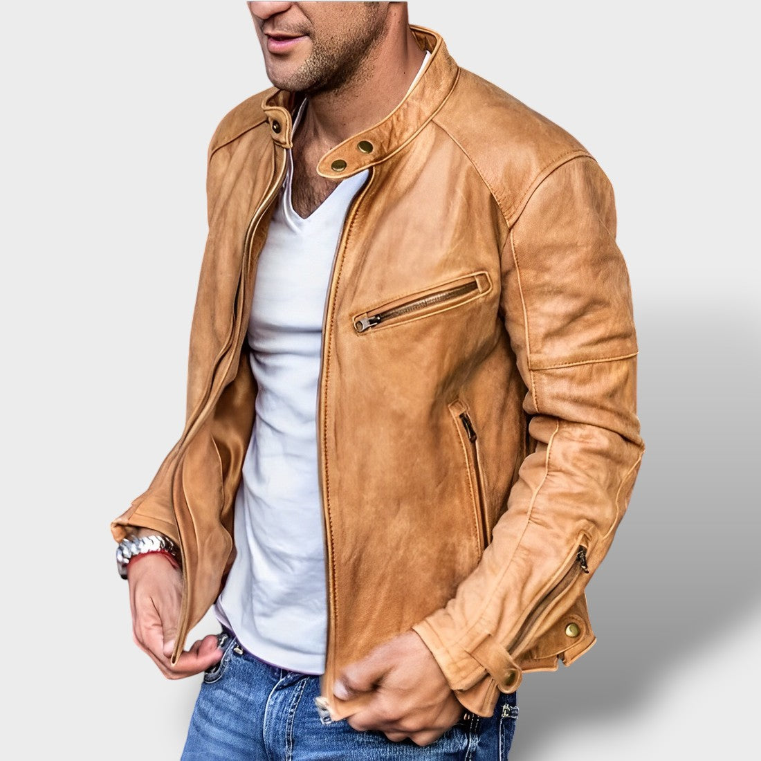 Veste en cuir style vintage avec poches zippées (homme)