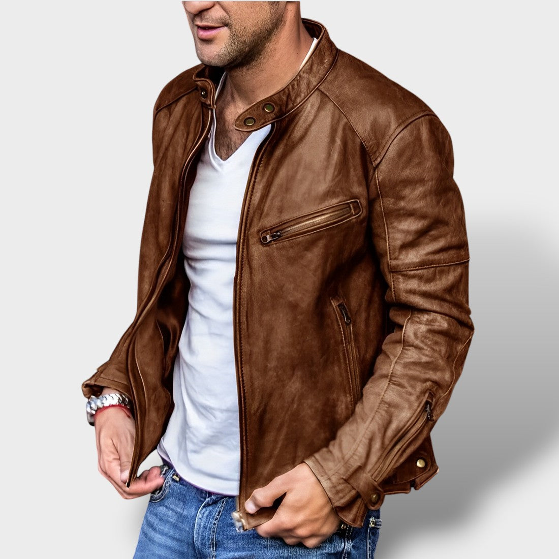 Veste en cuir style vintage avec poches zippées (homme)