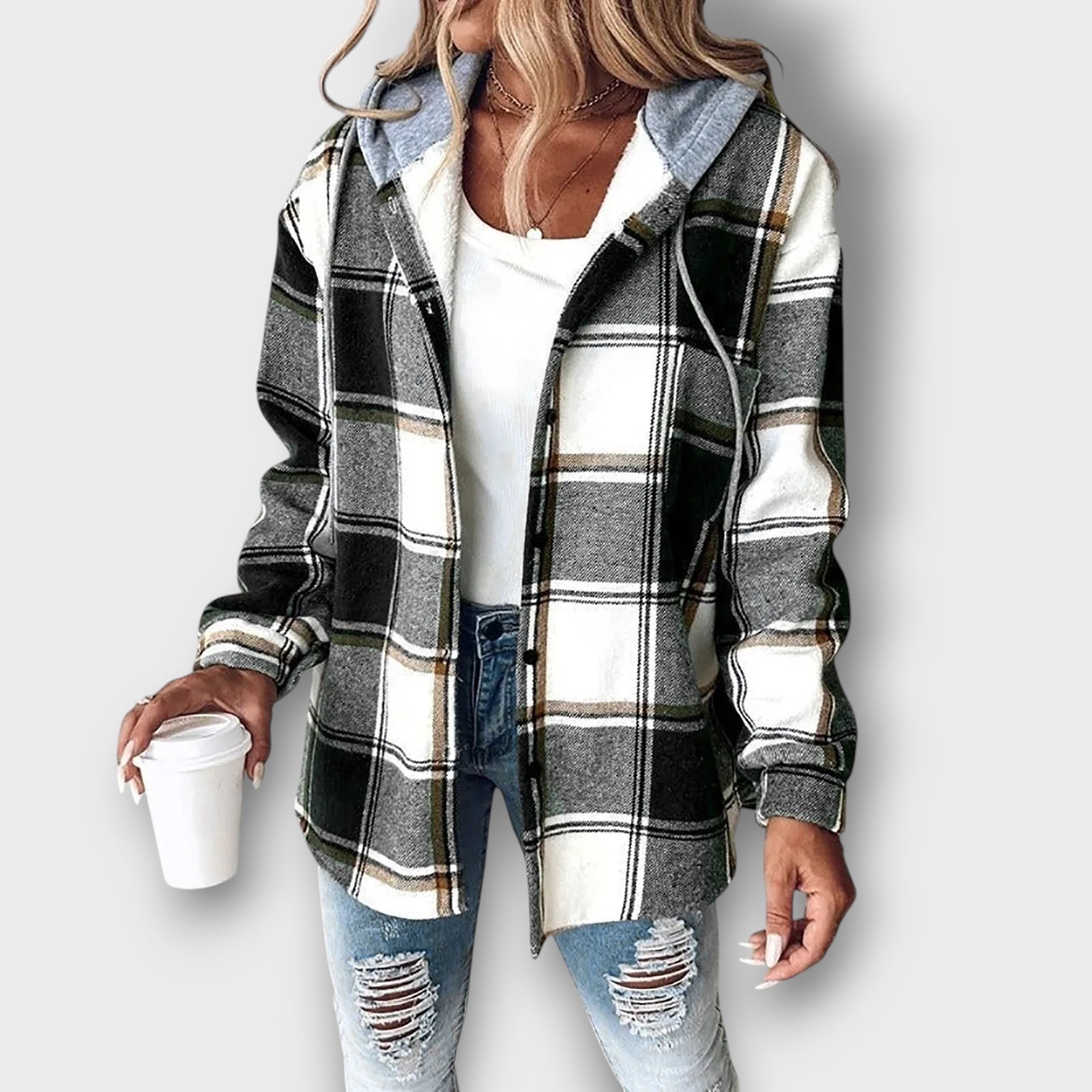 Veste femme à capuche et motif à carreaux