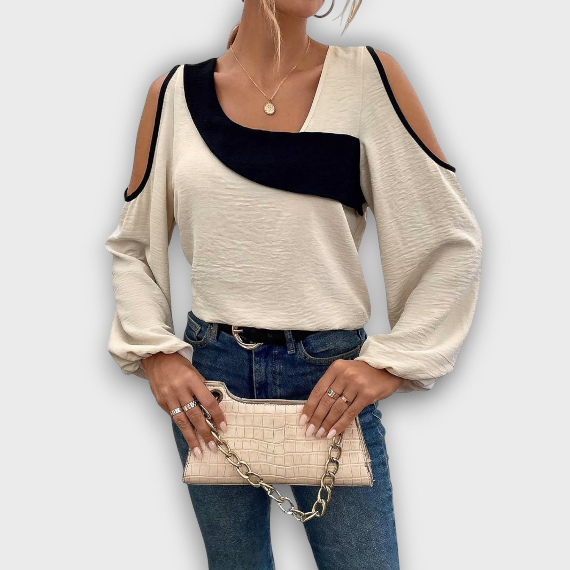 Blouse élégante bicolore à épaules dénudées (femme)
