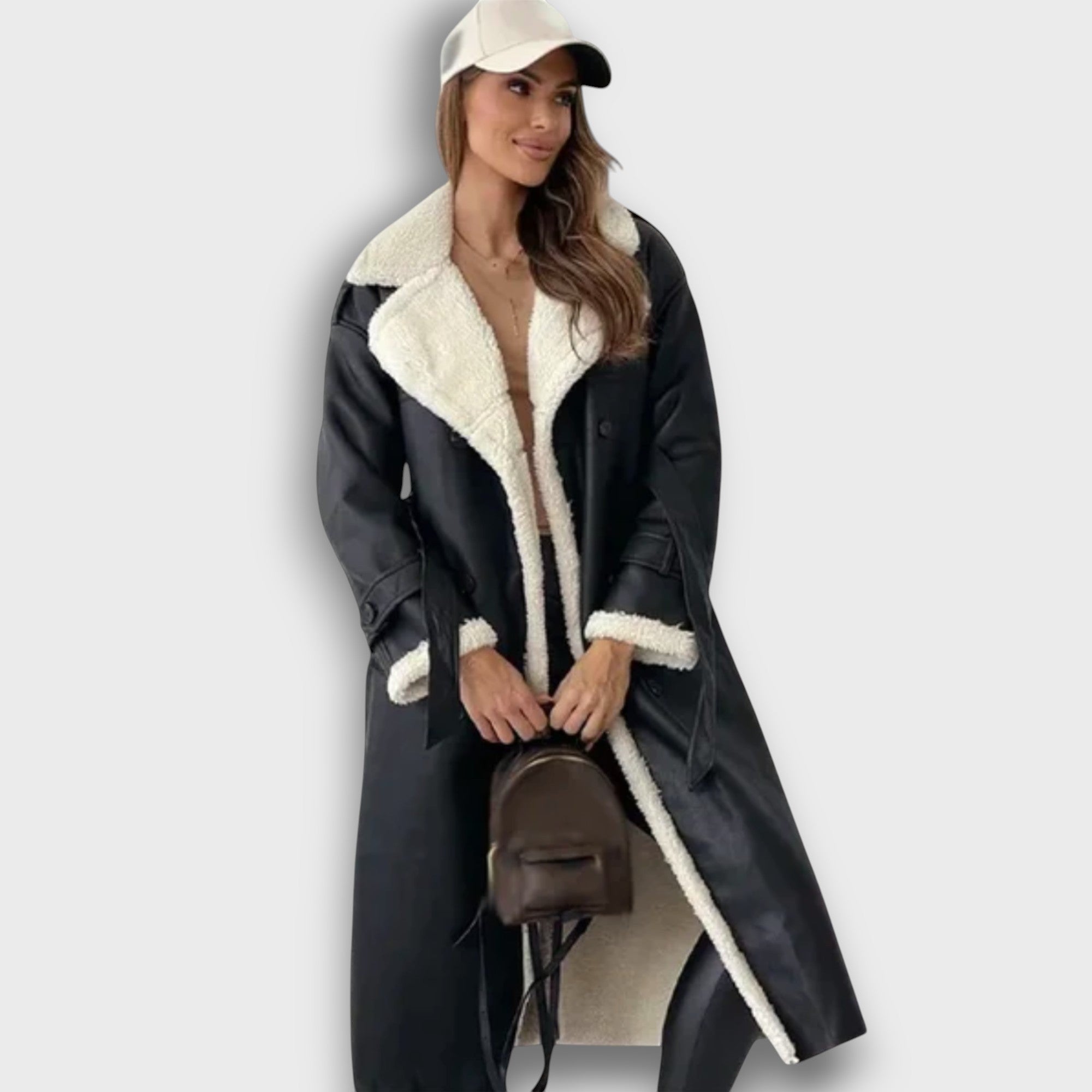 Manteau long en simili cuir avec doublure peluche