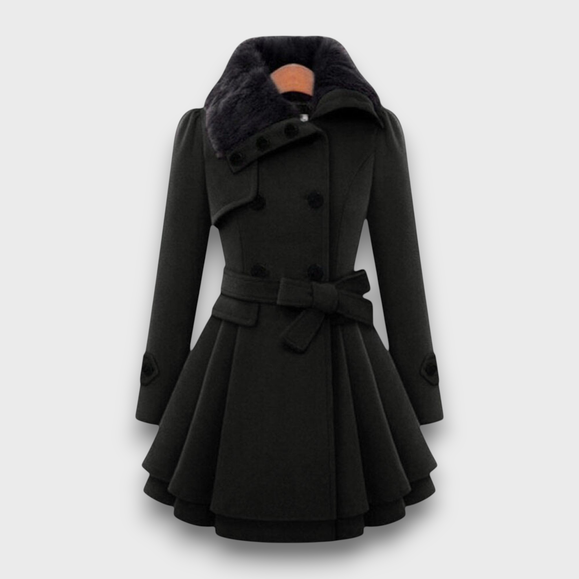 Manteau femme avec col en fourrure et ceinture nœud