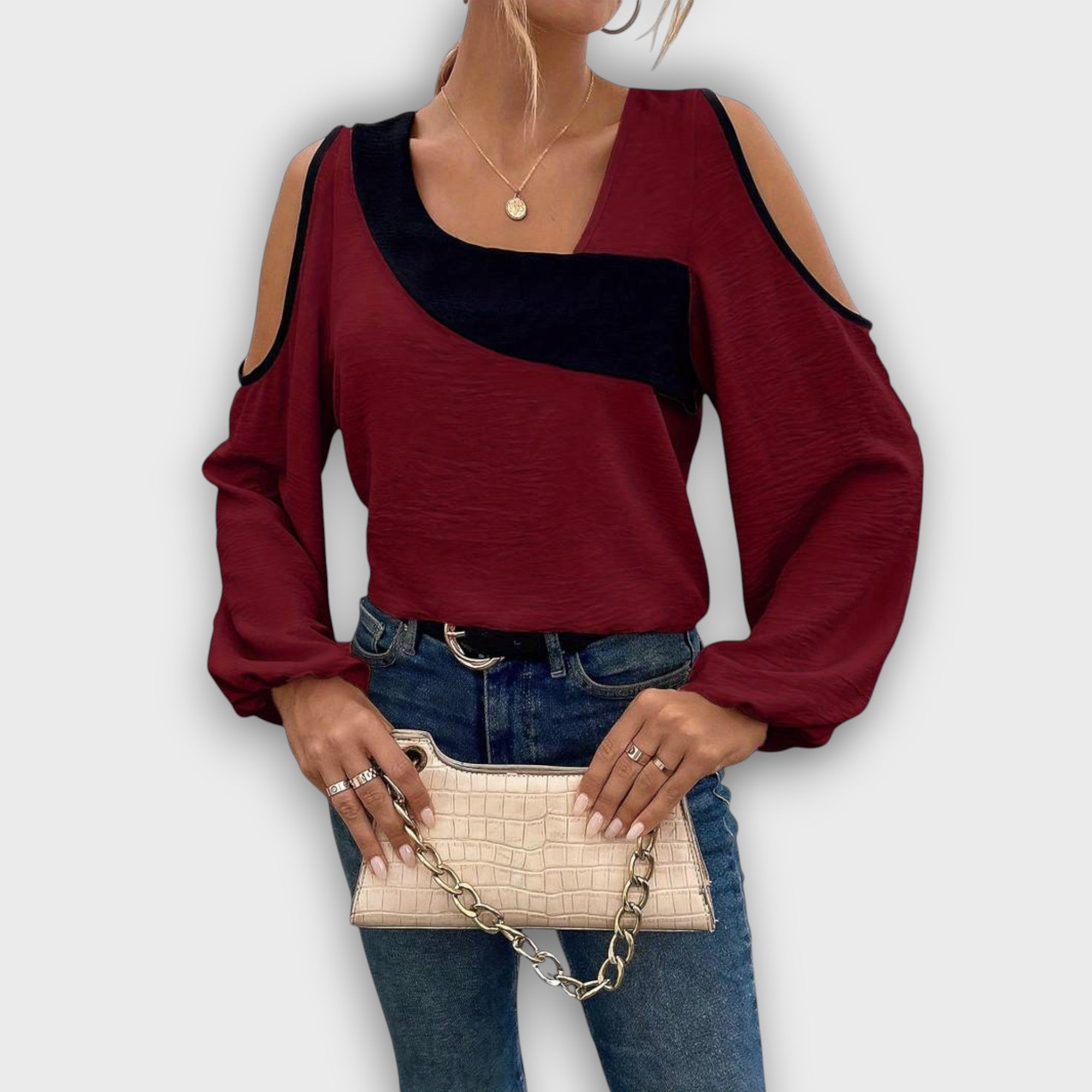 Blouse élégante bicolore à épaules dénudées (femme)
