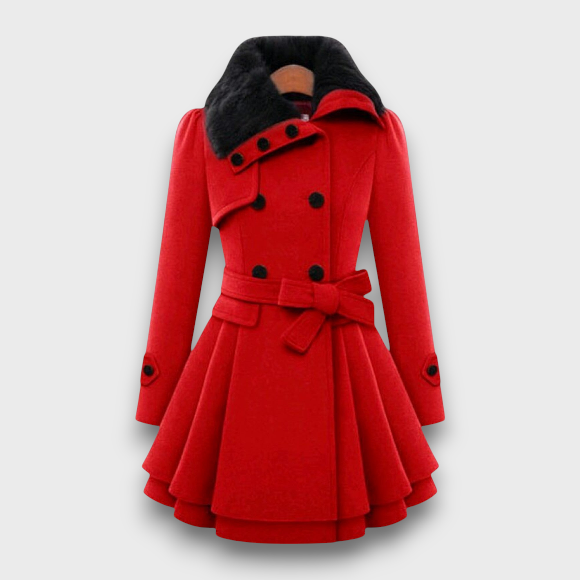 Manteau femme avec col en fourrure et ceinture nœud