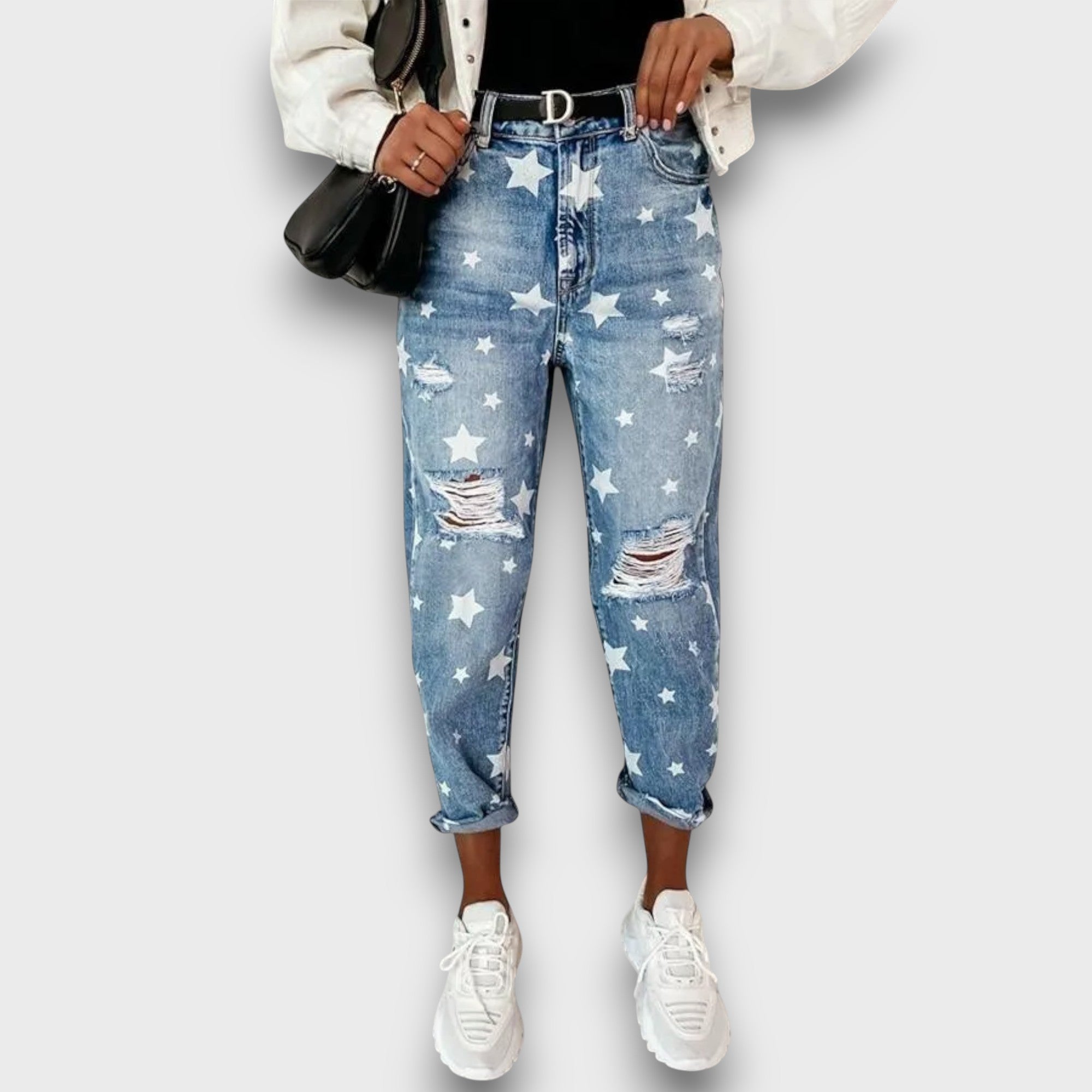 Jean boyfriend imprimé étoiles avec déchirures