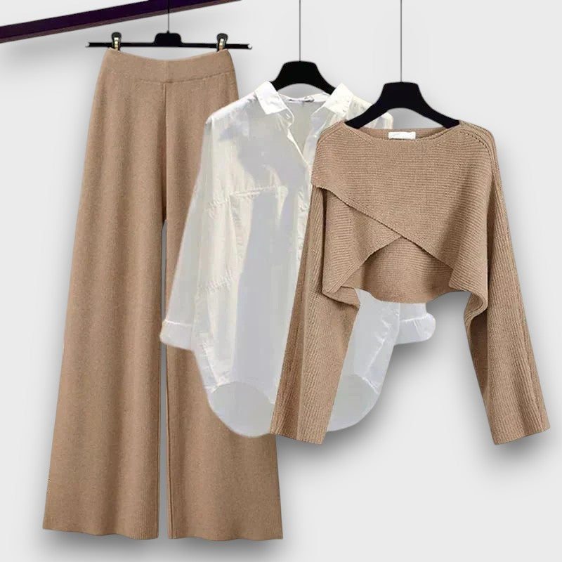 Ensemble femme avec chemise, pull et pantalon
