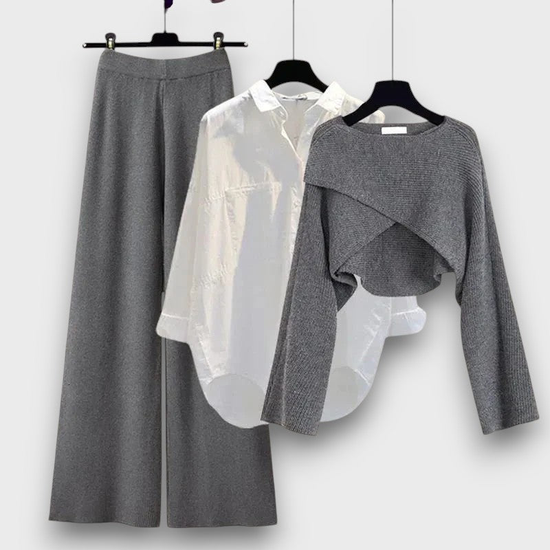 Ensemble femme avec chemise, pull et pantalon